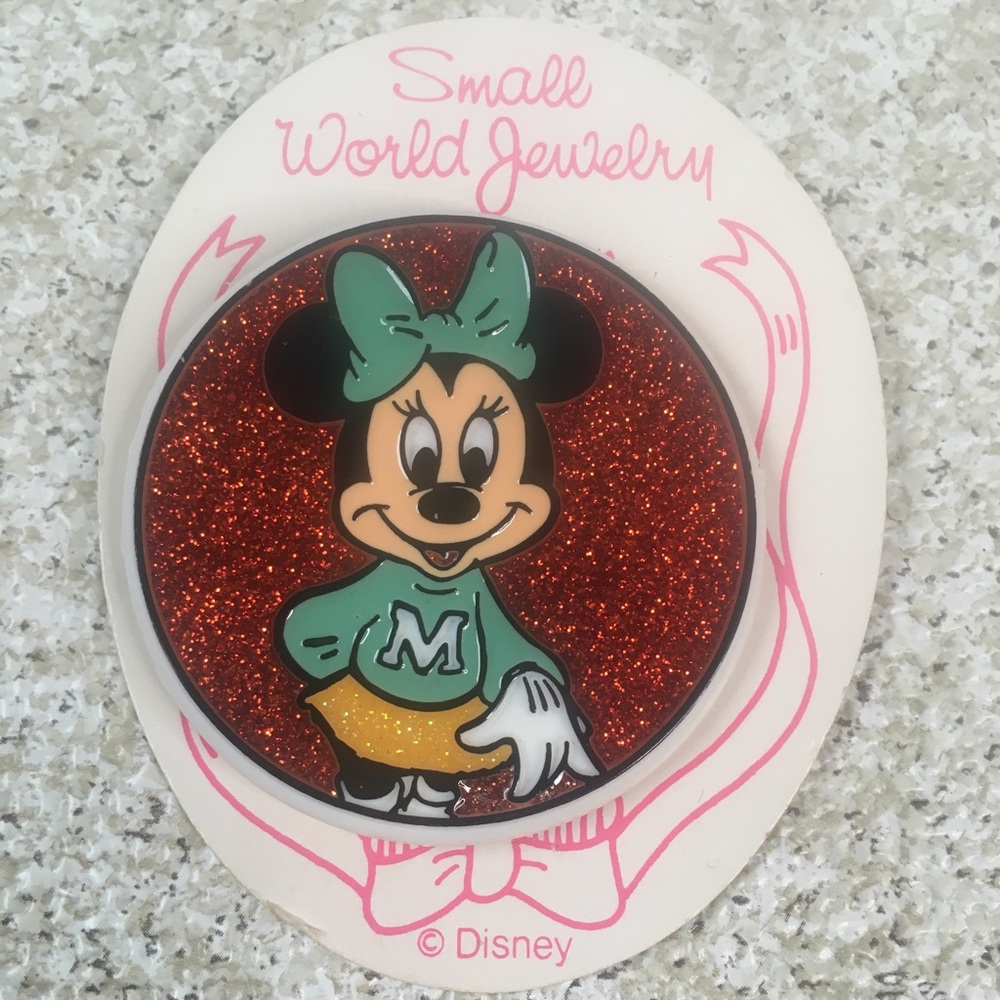 Vintage Disney Pin Small World Jewelry Minnie Mouse Glitter Acrylic Aqua Dress
